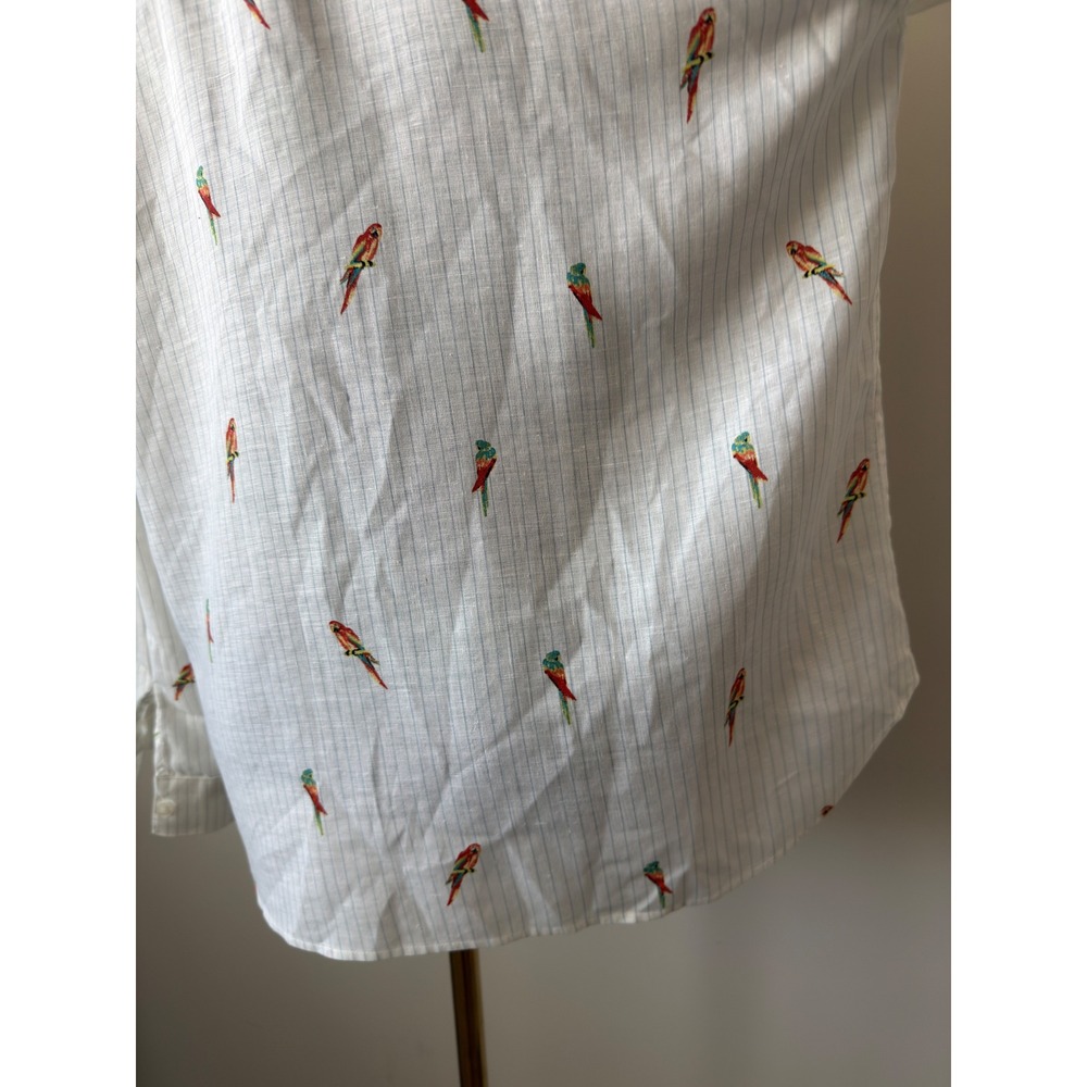 Chicos No Iron Linen Shirt Womens 2 (L) White Blue Pinstripe Parrot Embroidery - Picture 12 of 14